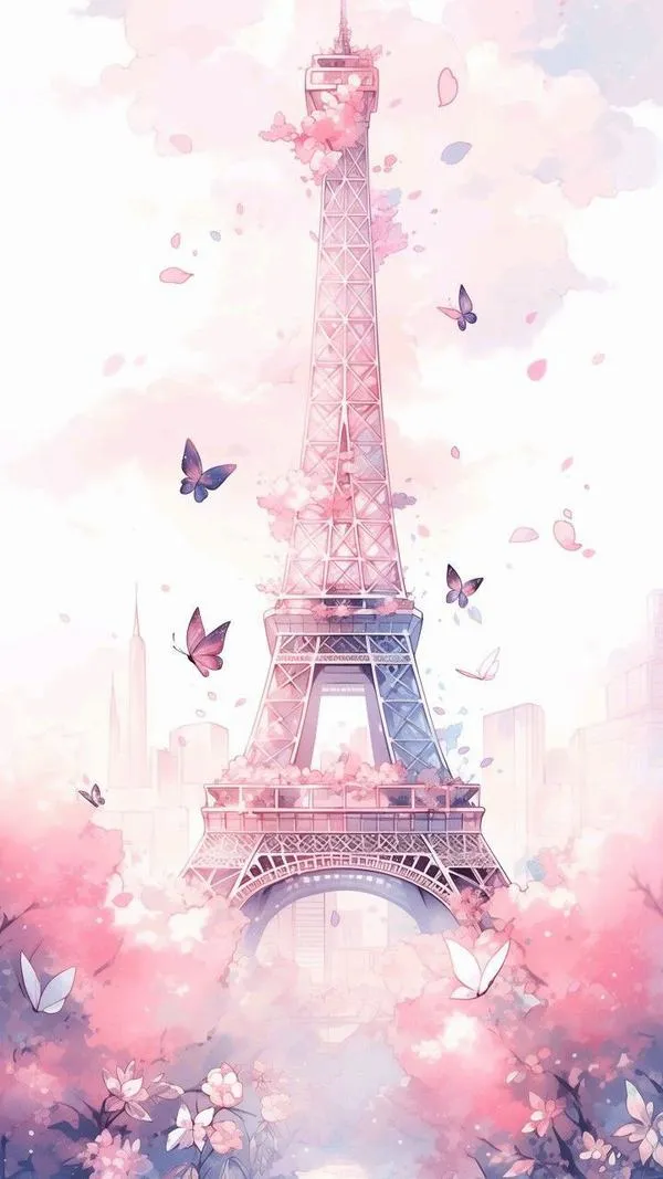7 Hình nền điện thoại đẹp tháp Eiffel hồng mơ, bố cục tối giản, nền sáng nhẹ hợp icon trắng.