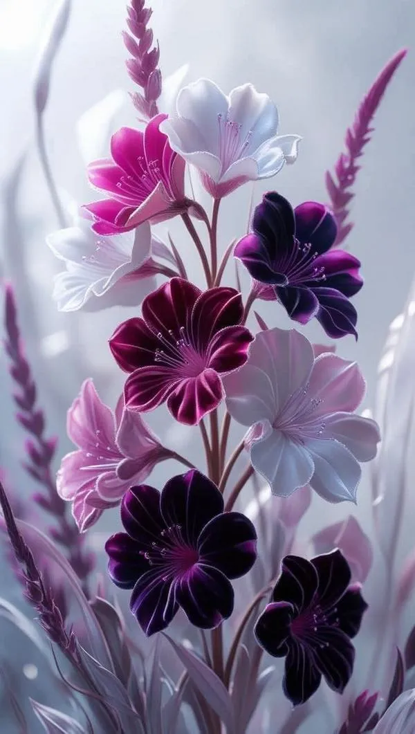 20 Hoa tím trừu tượng mềm, phong cách hiện đại, nền loang màu tạo điểm nhấn sang và bí ẩn