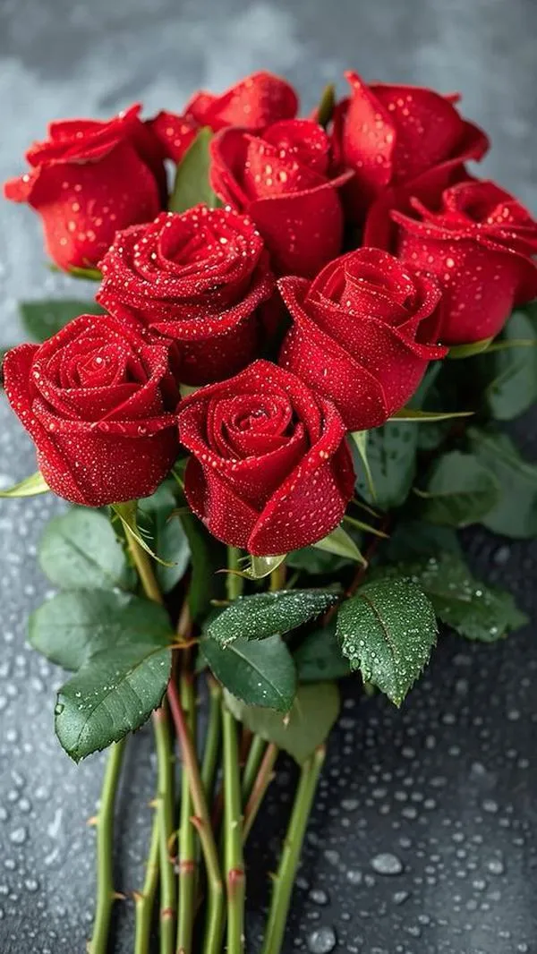 Con đường vườn hoa hồng đỏ, phông nền xanh mờ, tạo chiều sâu và cảm giác thư thái.