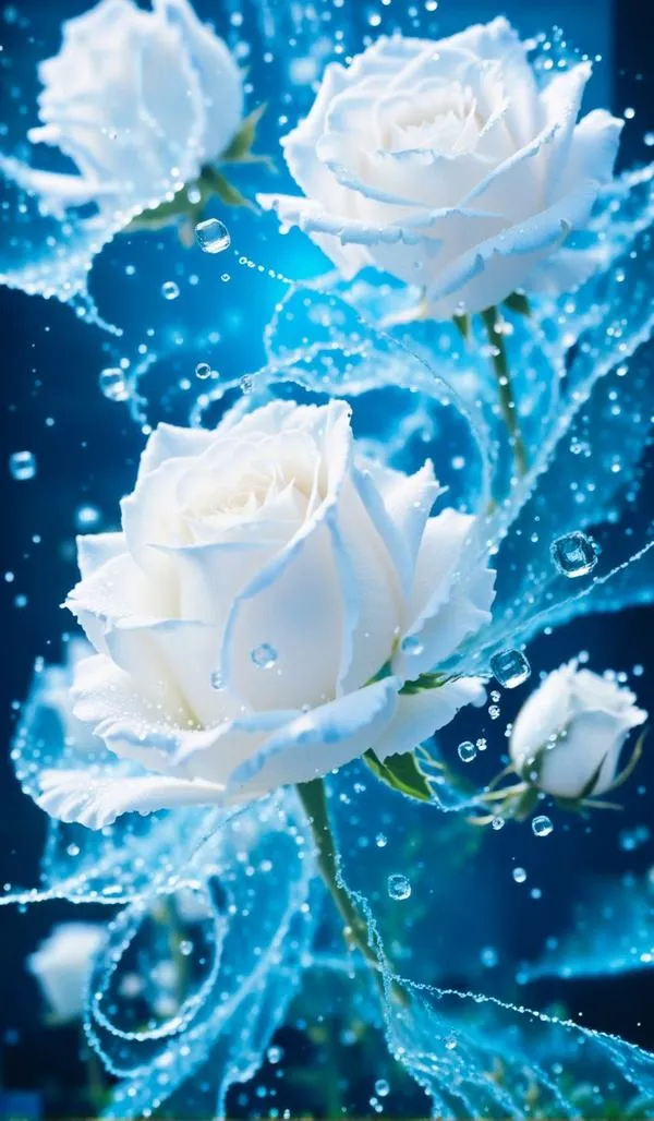 Hoa hồng trắng trong làn nước xanh, giọt sương bắn nhẹ, cảm giác sạch mắt và tươi mát