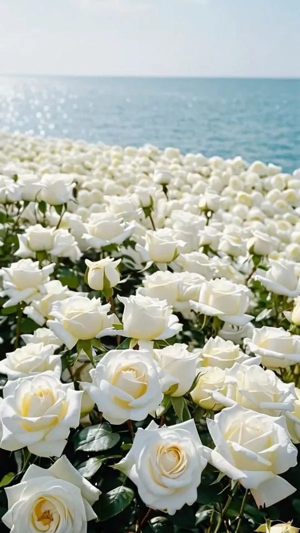 Cánh đồng hoa hồng trắng ven biển, nền sáng thoáng, sắc trắng tinh khôi trải dài đến tận chân trời