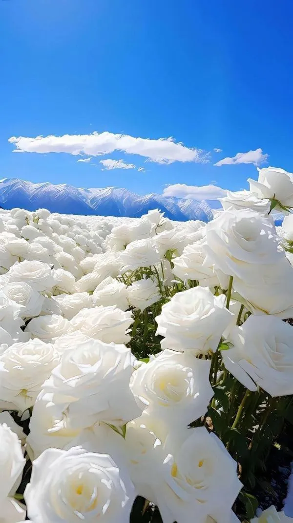 Bông hồng trắng dưới trời xanh, bố cục tối giản, ánh sáng tự nhiên làm cánh hoa mềm và rõ