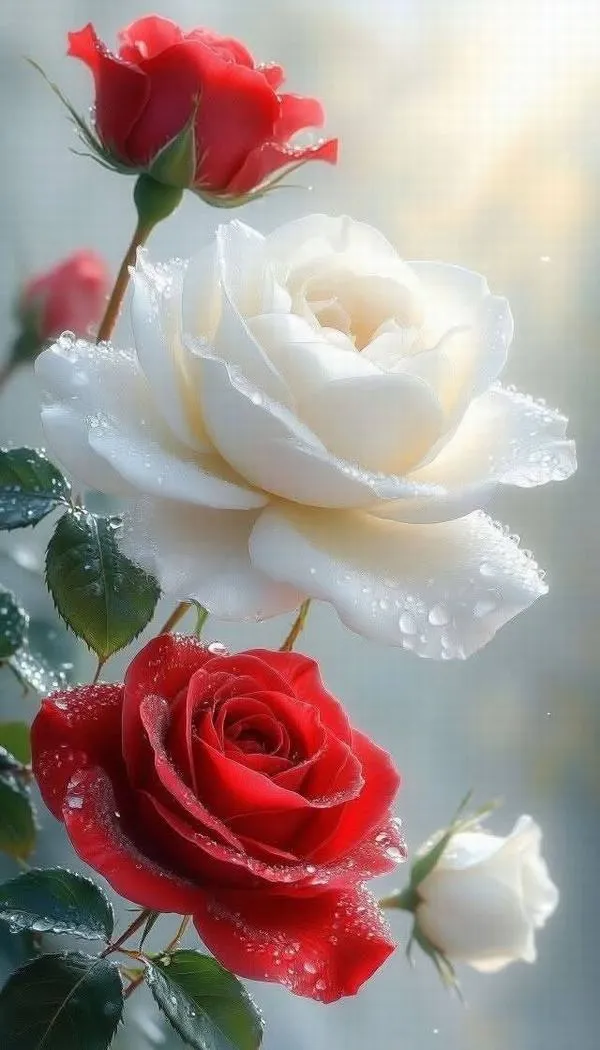 Hoa hồng trắng đi cùng hoa hồng đỏ, tương phản cao, gợi tình yêu cao thượng và sự trân trọng
