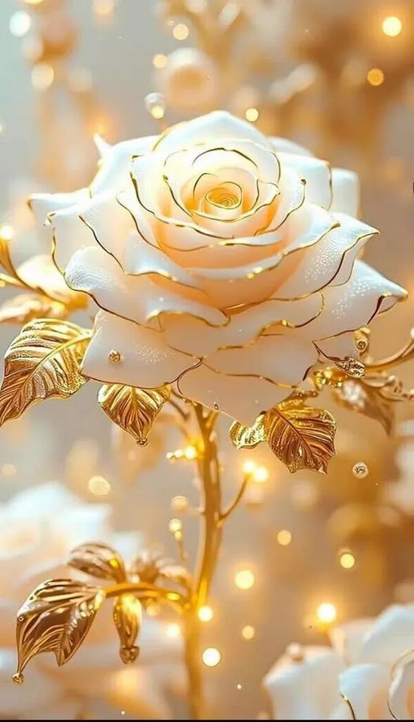 Bông hồng trắng ánh vàng lấp lánh, hiệu ứng hạt nhẹ, nền tối làm nổi khối sang và ấn tượng