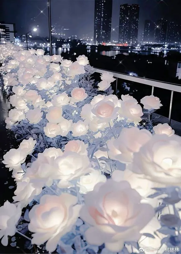 Ảnh wallpaper vườn hoa hồng màu trắng xen hồng phấn, ánh hoàng hôn nhẹ, bố cục thoáng rộng