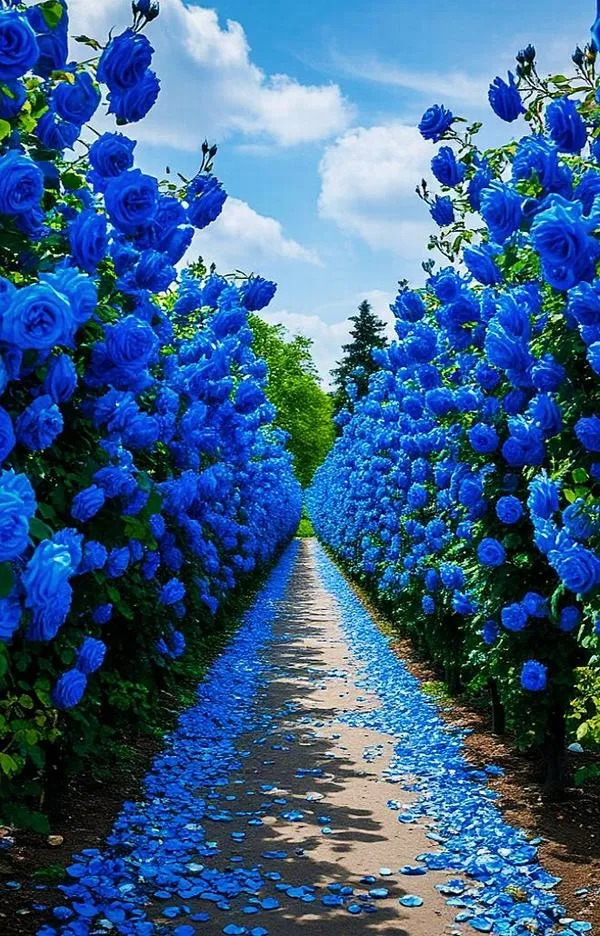 Hình con đường phủ hoa xanh mở ra xa tít tạo cảm giác kỳ ảo như bước vào giấc mơ