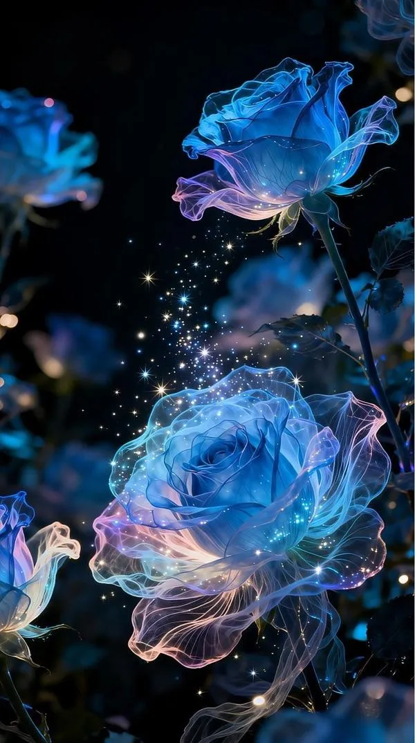 Bông hồng xanh dương phát sáng trong khói mờ trông dễ thương mà vẫn lạ mắt đầy bí ẩn