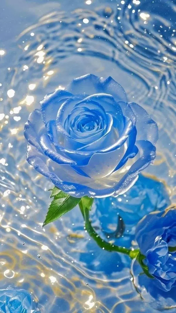 Một bông hồng xanh dương trong gợn nước long lanh nổi bật nhờ giọt sương tự nhiên
