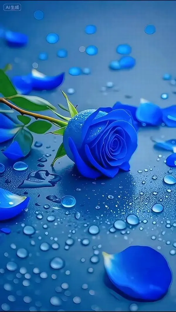 Hoa hồng xanh dương nằm trên nền nước đọng tăng độ sống động nhờ giọt sương rõ nét