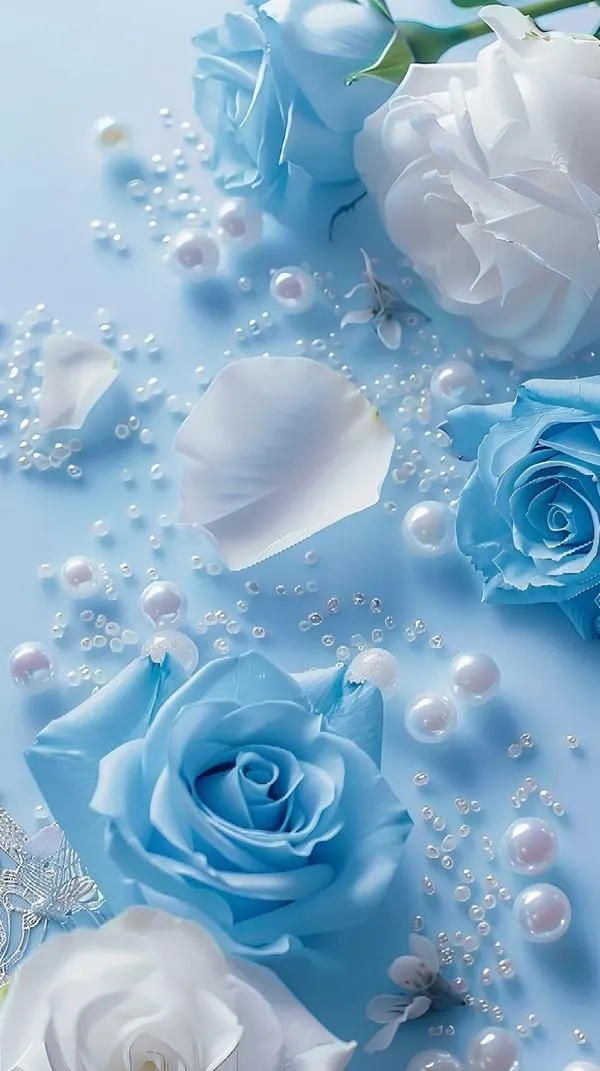 Hoa hồng xanh dương phối trắng kèm hạt ngọc tạo vẻ sang nhẹ nhàng hợp nền tối giản