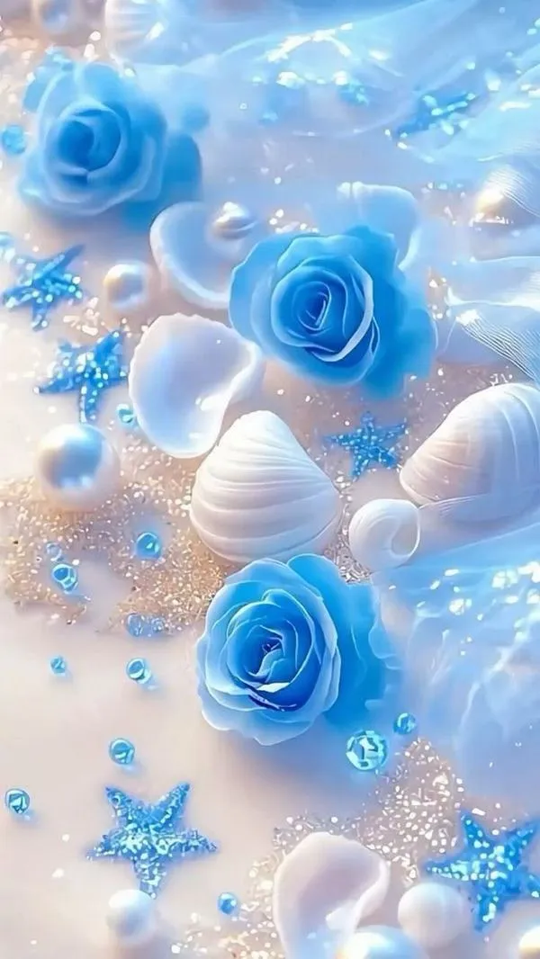 Hoa hồng màu xanh nằm cạnh vỏ sò sao biển tạo cảm giác mùa hè mơ màng với bokeh