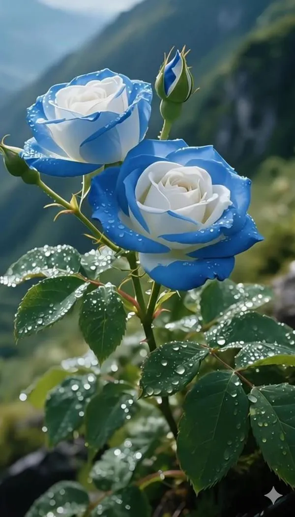 Hai bông hồng xanh lam viền trắng trên cành tạo điểm nhấn hiếm có nhìn rất tinh tế