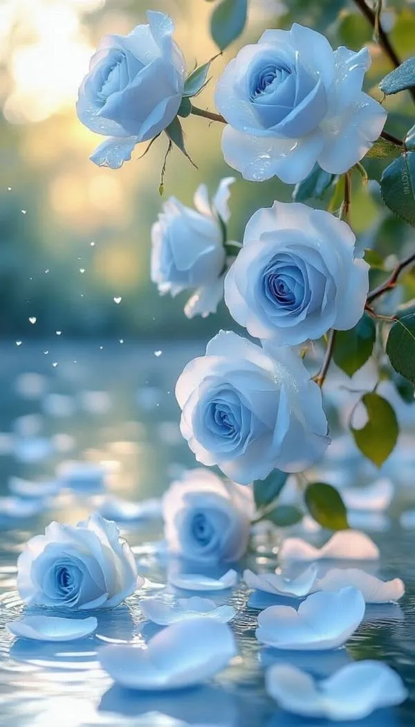 Cụm hoa hồng sắc xanh pastel nền mờ tạo cảm giác dịu mắt và trong trẻo cho điện thoại
