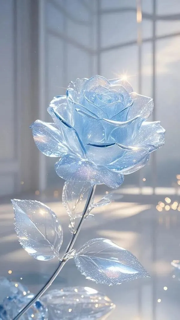 Bông hồng xanh dương như thủy tinh trong khung cửa sổ tạo vẻ kỳ ảo sang nhẹ và tĩnh lặng