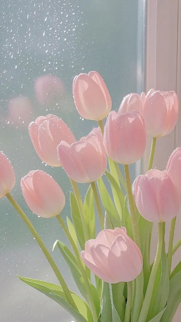 35 Hàng hoa tulip dưới bầu trời hồng, màu pastel giảm mỏi mắt khi nhìn lâu