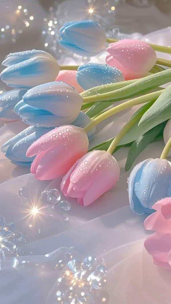 25 Bó tulip nhỏ buộc ruy băng, bố cục tối giản làm khung hình thoáng hẳn