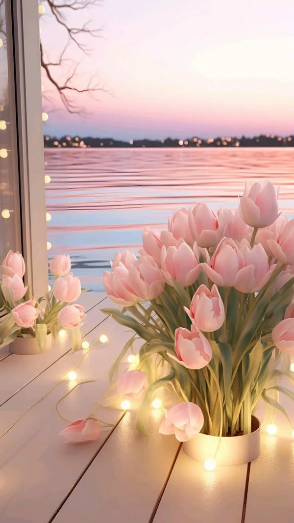 18 Dịu mắt tulip bên cửa sổ hoàng hôn, glow nhẹ làm tổng thể lặng yên