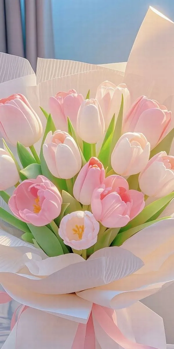 17 Yên bình bó tulip gói giấy, màu chuyển nhẹ ở rìa cánh tạo nét sang nhẹ