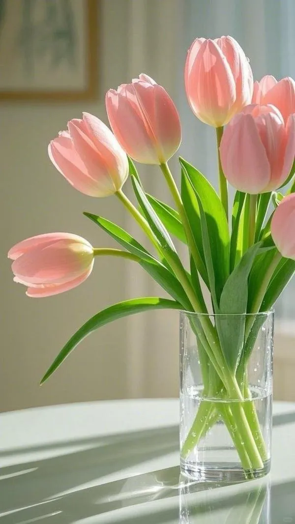 16 Thư thái bình hoa tulip trên bàn, độ sáng sáng dịu cho cảm giác tinh tế