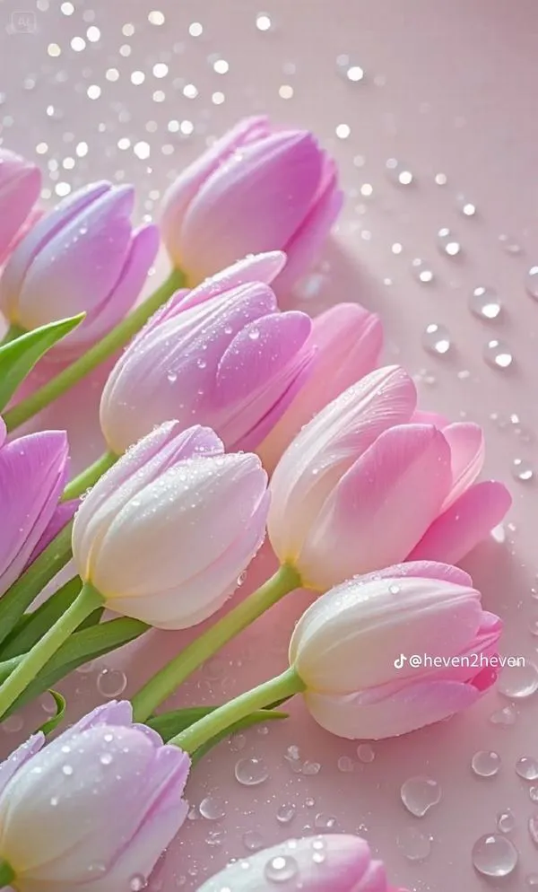 11 Dễ thương tulip trắng kem có hạt sương, độ nét rõ chủ thể khiến cánh hoa trông mềm