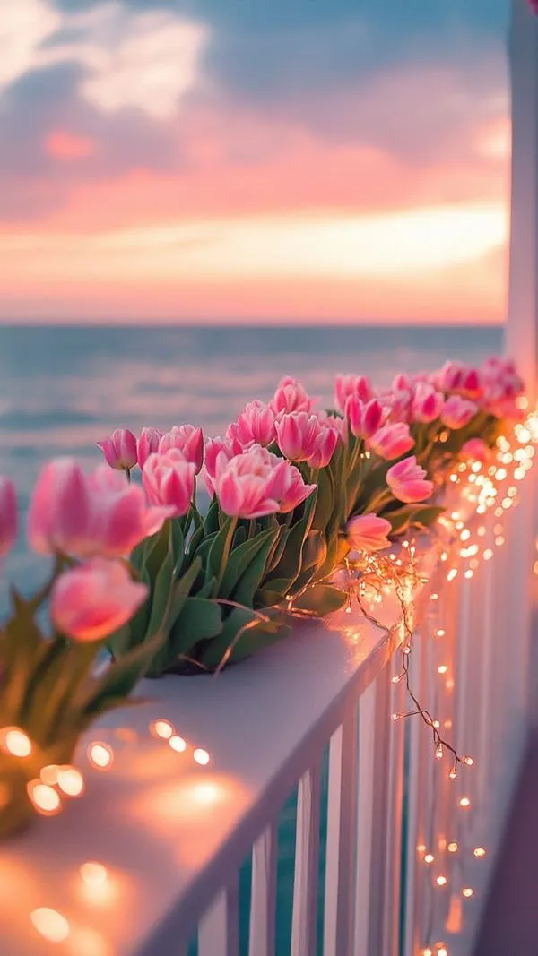 9 Ảnh wallpaper bó tulip cạnh lan can, ánh sáng mềm và nền trống giúp icon nổi rõ