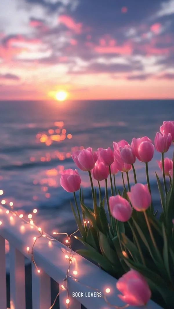 8 Hình nền đt tulip bên mặt nước lúc hoàng hôn, ánh nắng sớm loang nhẹ rất dễ chịu