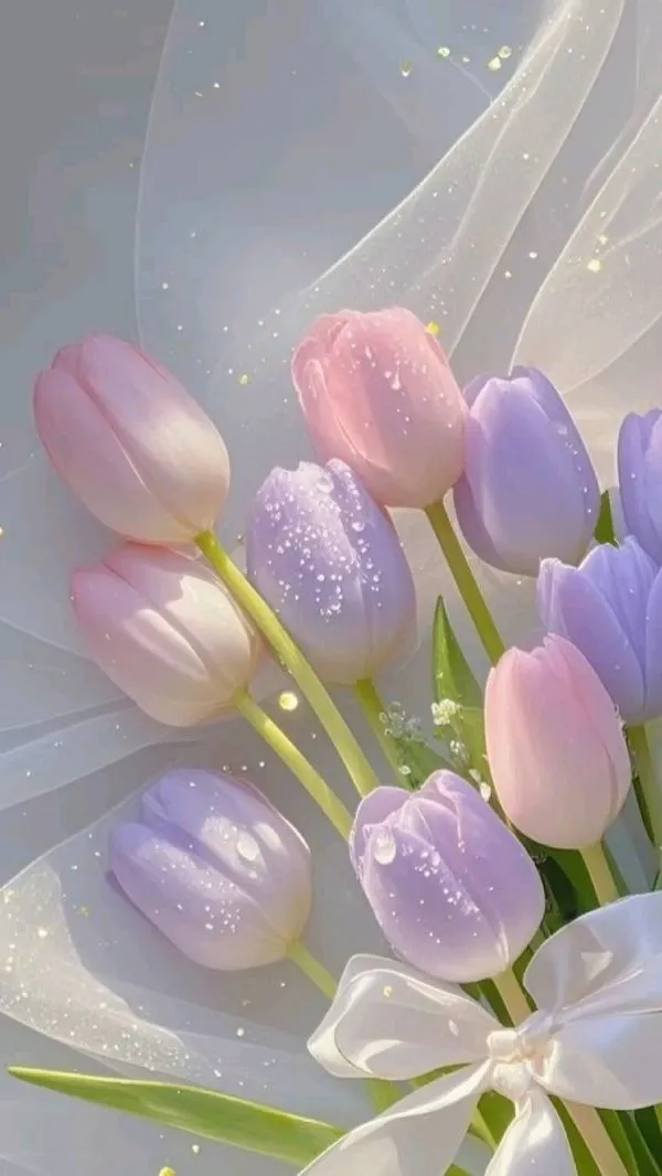 5 Ngầu tulip hà lan sắc tím đặt nghiêng, độ tương phản thấp nhưng vẫn tinh tế và lặng yên