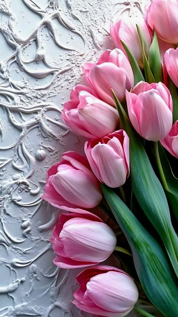 10 Tulip hồng 3D sát tường nổi vân, màu tự nhiên khiến tổng thể thanh lịch và nhẹ nhàng