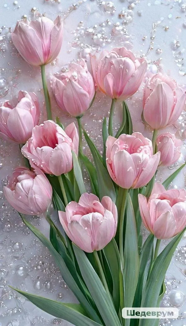 12 Tulip hồng 3D phủ hạt nước, bokeh nhẹ làm cánh hoa mềm và dịu hơn