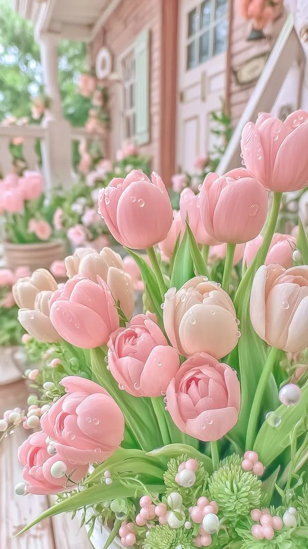 14 Tulip hồng trước phố vắng, ánh cửa sổ gợi cảm giác bình yên và chậm rãi