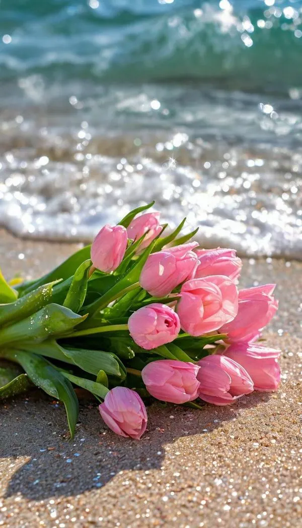 15 Tulip hồng bên bờ cát hình nền đt, màu kem dịu mắt hợp phong cách tối giản