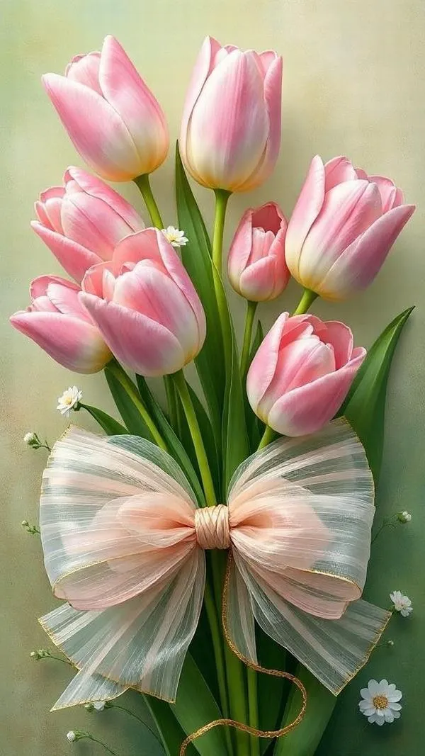 18 Ba bông tulip 3D cột nơ, nền be mềm tạo cảm giác tinh khôi và thanh lịch