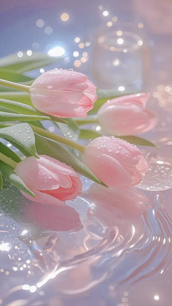 37 Hình nền điện thoại tulip hồng nhạt, bố cục dọc theo cành dễ căn chỉnh