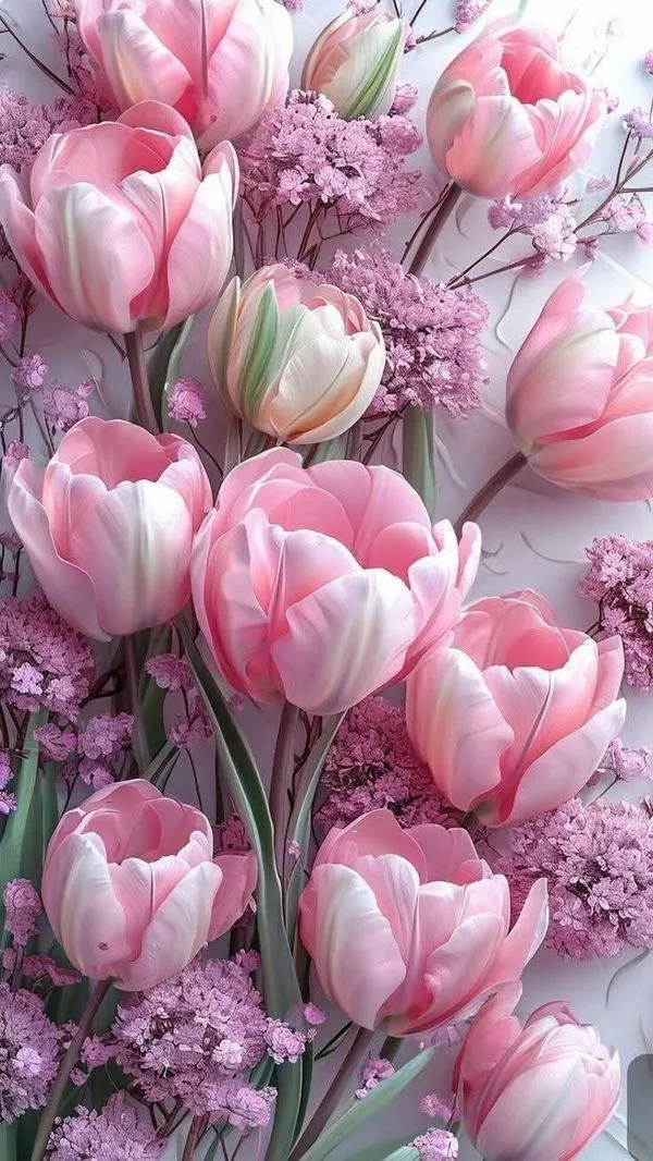 3 Bó hoa tulip hồng Tải ảnh cận cảnh, ánh sáng tự nhiên làm cánh hoa trong trẻo