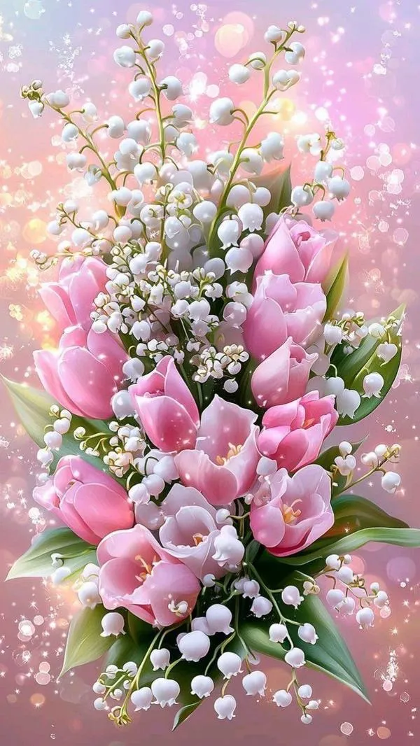 4 Cụm tulip pastel đặt giữa nền hồng lấp lánh, điểm nhấn tinh tế cho màn hình khóa