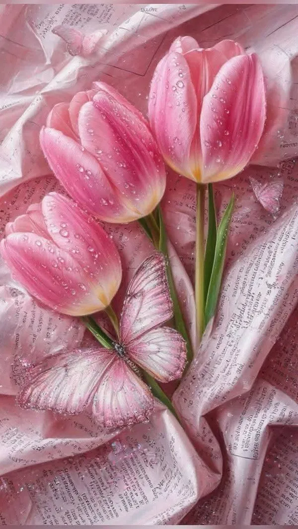 6 Tulip hồng nằm trên vải mềm, nét mịn tạo cảm giác tĩnh lặng và thư giãn