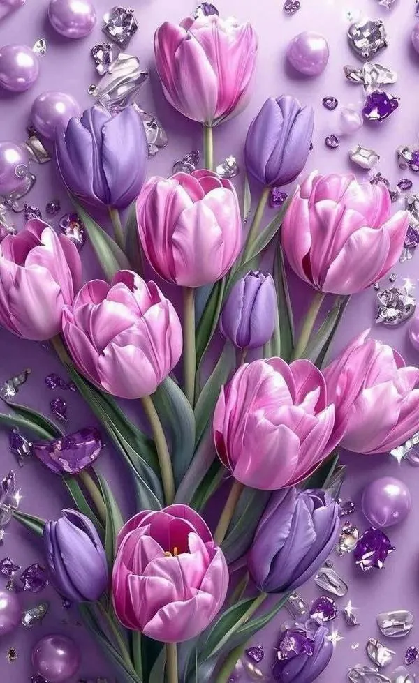 7 Chùm tulip tím đẹp full HD, giọt sương nổi bật làm ảnh nền nhìn lâu không mỏi