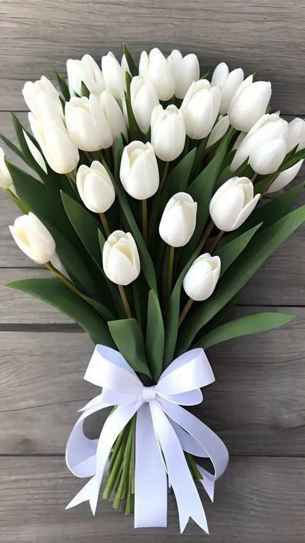 Thanh lịch tulip trắng nở đều, bố cục theo đường chéo, hợp người mê gu gọn gàng