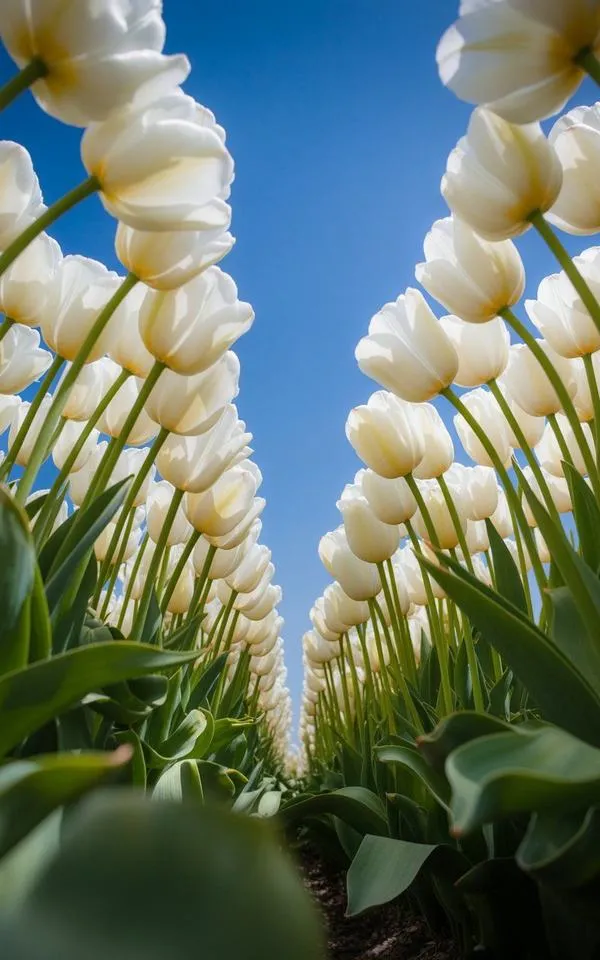 Hình nền đt cánh đồng tulip trắng dưới trời sớm, ánh nắng sớm làm màu hoa mềm hơn