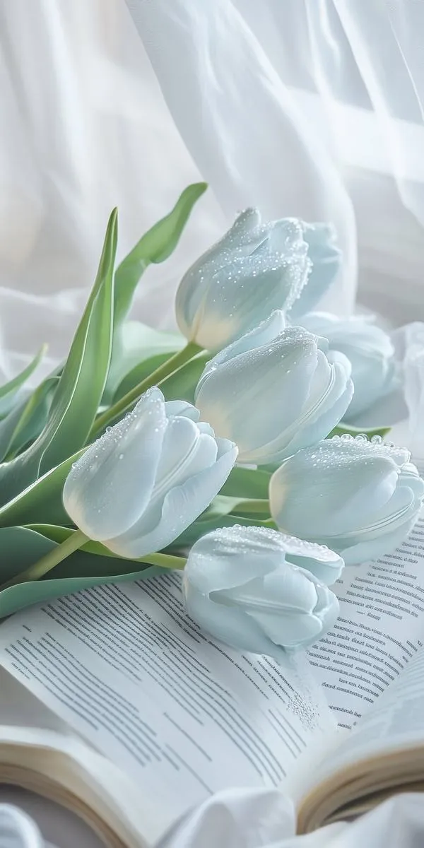 Chill góc nhìn thấp giữa hàng tulip trắng, nền trời xanh, cảm giác như đang bước trong vườn tulip