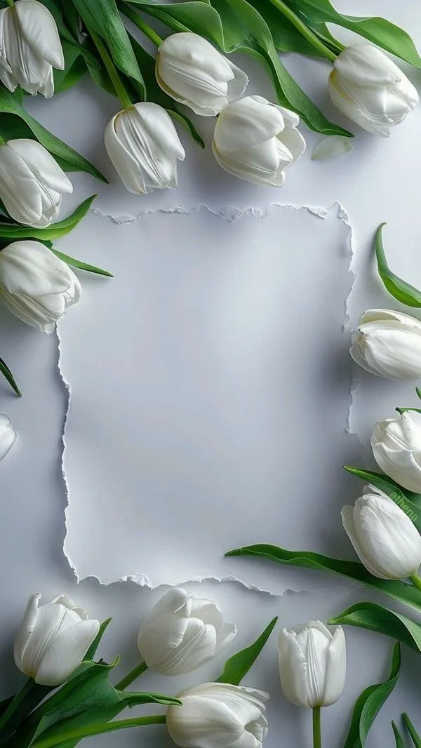 Trong trẻo tulip trắng nhìn từ dưới lên, nền trời cao, hoa như bừng sáng nhẹ