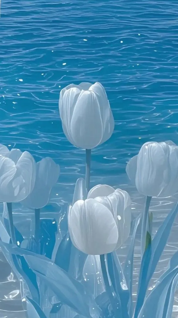 Tinh khôi ruộng tulip trắng lúc bình minh, tông trắng ngà sáng dịu, nhìn lâu không mỏi