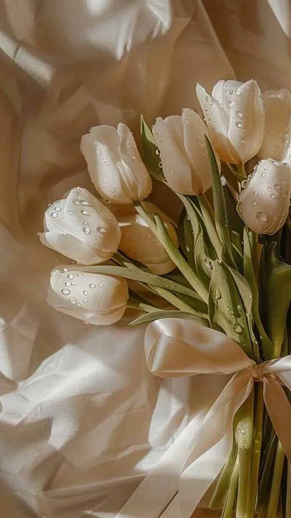 Sang nhẹ bó tulip trắng buộc nơ, đặt trên nền gỗ, hợp ảnh nền làm việc