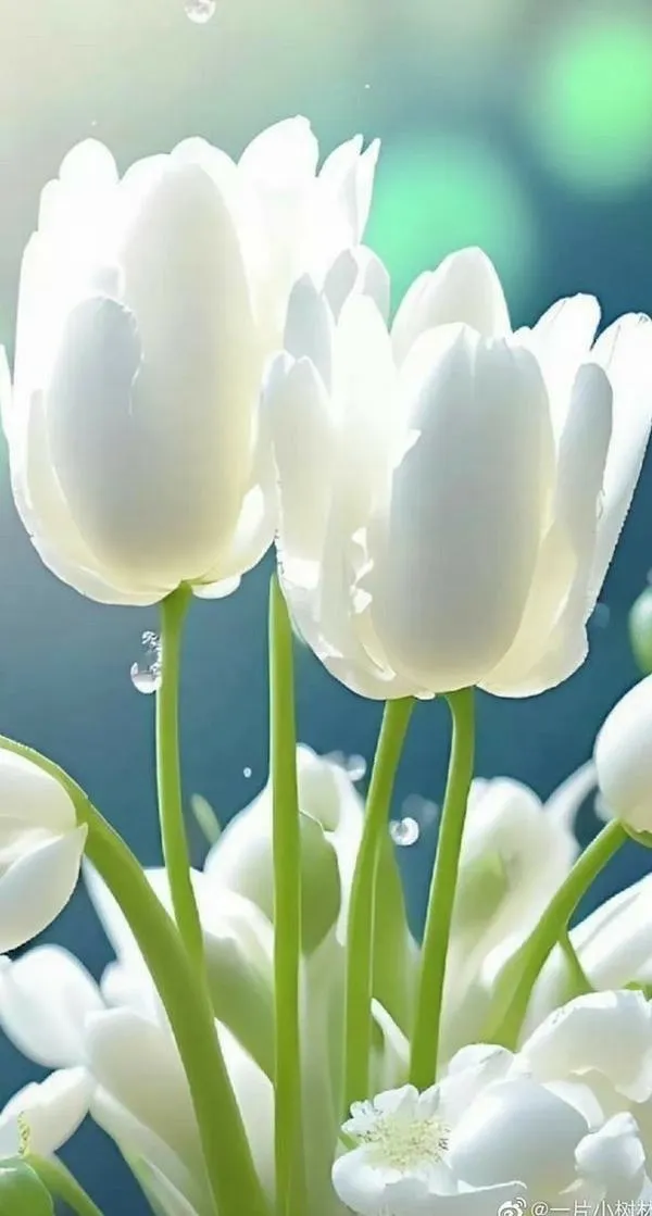 Bokeh mịn ruộng tulip trắng xa mờ, hoa nổi ở tiền cảnh, nhìn mềm và sang