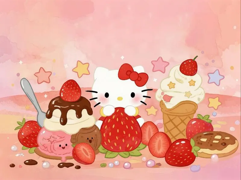 20 Nền iPad phong cách Hello Kitty tối giản, đặt nhân vật góc phải, tránh che widget đồng hồ khi dùng