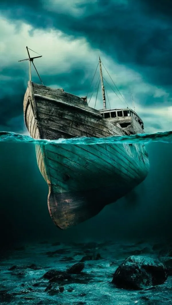 6 Ảnh wallpaper tàu đắm dưới biển, bóng đổ mềm rõ, tông xanh sâu, nhìn rất chill.