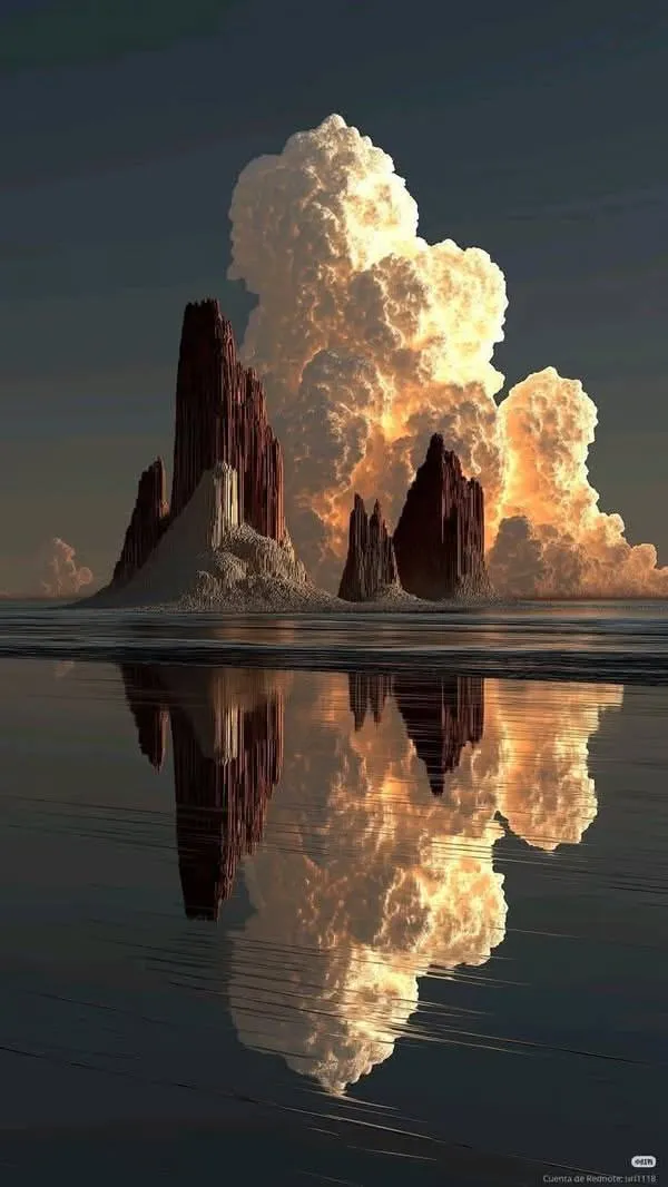 3 Cảnh núi đá phản chiếu, ngầu mà yên, ưu tiên màu sắc, điểm nhấn giữa khung hình.