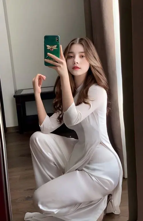 49 Ảnh đại diện soi gương cô gái mặc váy trắng ngồi bệt trong góc nhà, cầm điện thoại chụp nghiêng với một chân co lên, khung hình 2005 trông gọn xinh và khá ngầu