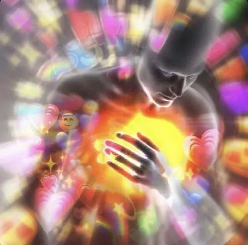 11 Khung hình hoạt họa bùng nổ sắc tím vàng quanh bàn tay đặt trước ngực, hiệu ứng xoáy mạnh làm cảnh này giống một hình ảnh sốc tận óc cực cháy