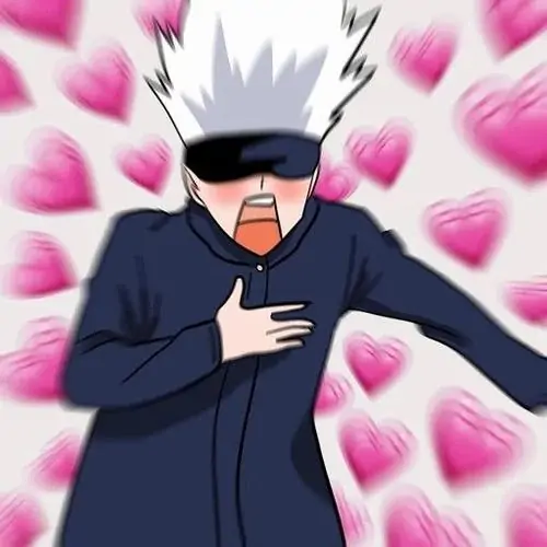 13 Nhân vật tóc bạc đeo bịt mắt, mặc áo xanh đậm và đặt tay lên tim giữa nền hồng, dáng đứng gọn tạo ra meme đứng hình mất năm giây khá chất